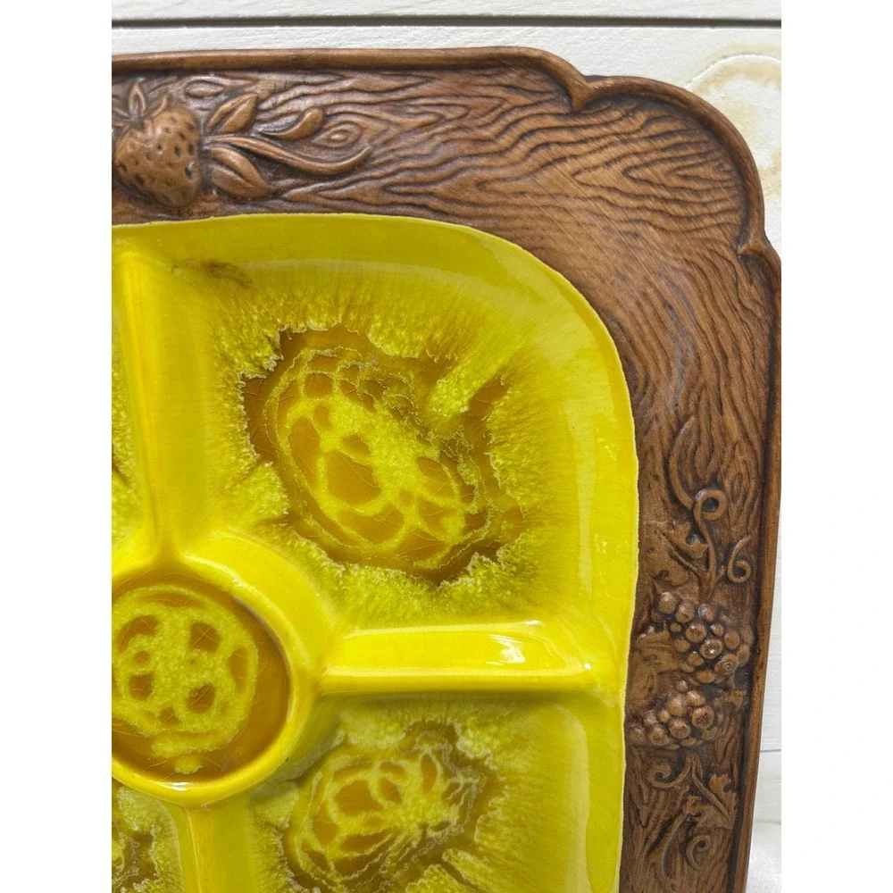 Treasure Craft‎ Divided Serving Tray Yellow Excellent Lava Glaze Fruit MCM Retro
